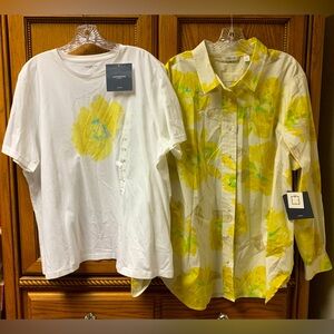 Liz Claiborne Women’s Tshirt (2X) Long Sleeve Button Up (3X) Set Yellow Floral